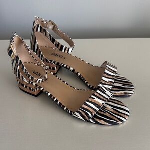 Vaneli Black White Tan Zebra-Print Ankle-Strap Block Heel Sandals